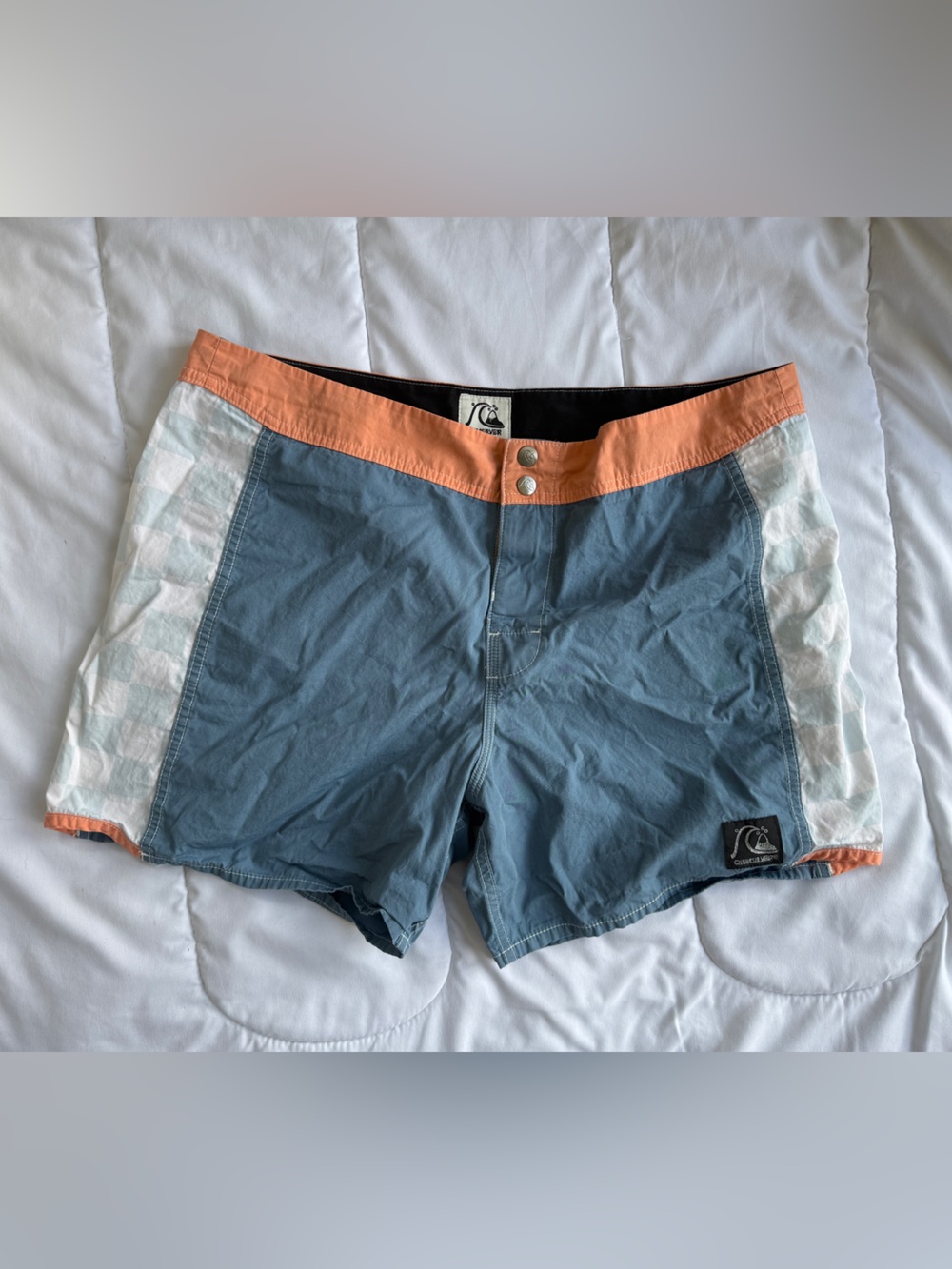 Quiksilver Blue and Peach Colorblock Swim Trunks